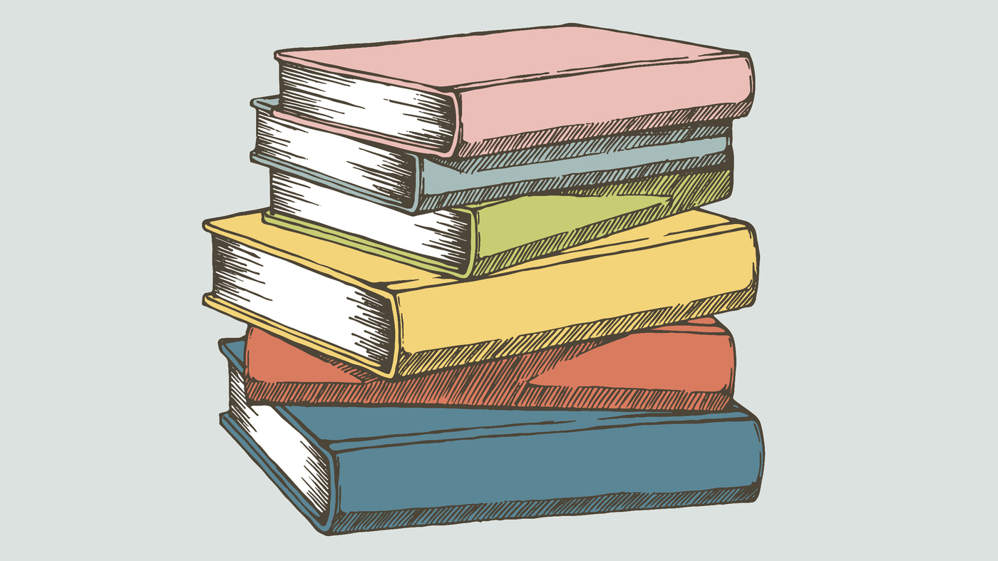 drawing of colorful
                                              pile of books